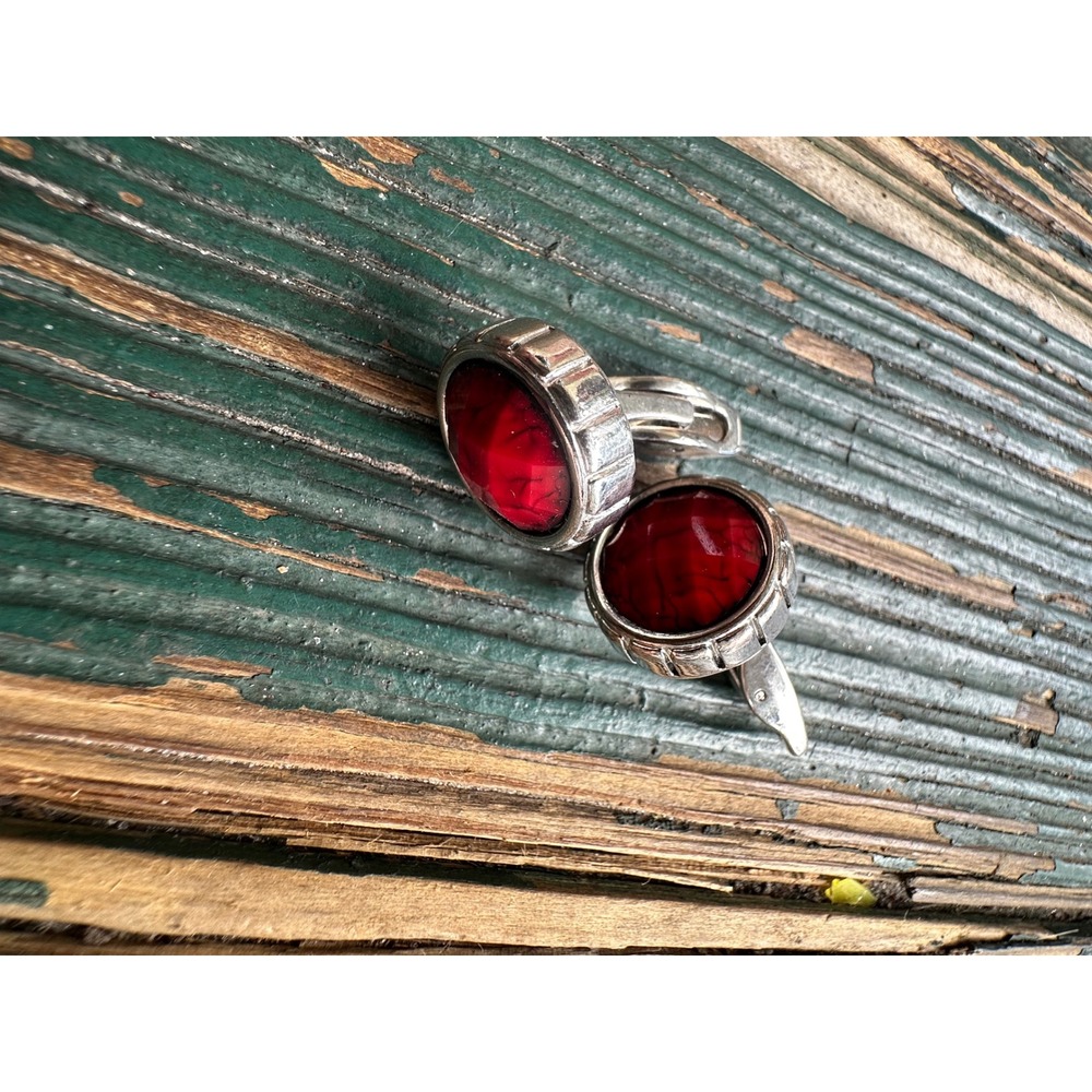 Vintage Silver Tone Round Ruby Red Faceted Glass Stone Cufflinks A3718